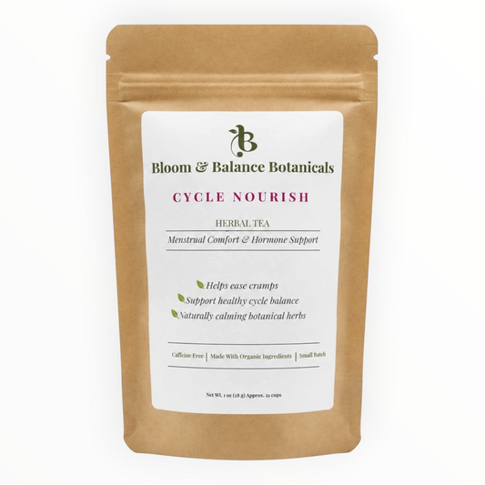 Bloom & Balance Botanicals Cycle Nourish herbal tea in a sustainable kraft paper pouch for menstrual support.